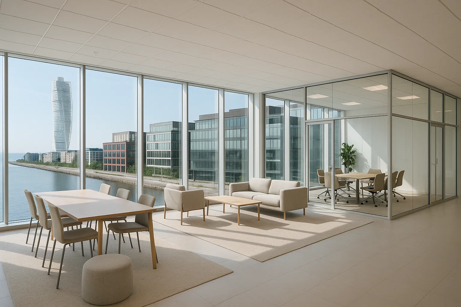 Kontorshotell i Malmö med modern design vid Västra Hamnen och Turning Torso i bakgrunden.