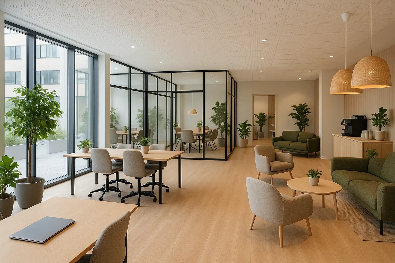 Kontorshotell i Malmö med moderna coworkingytor, glasväggar och en trivsam lounge för nätverkande och fika.