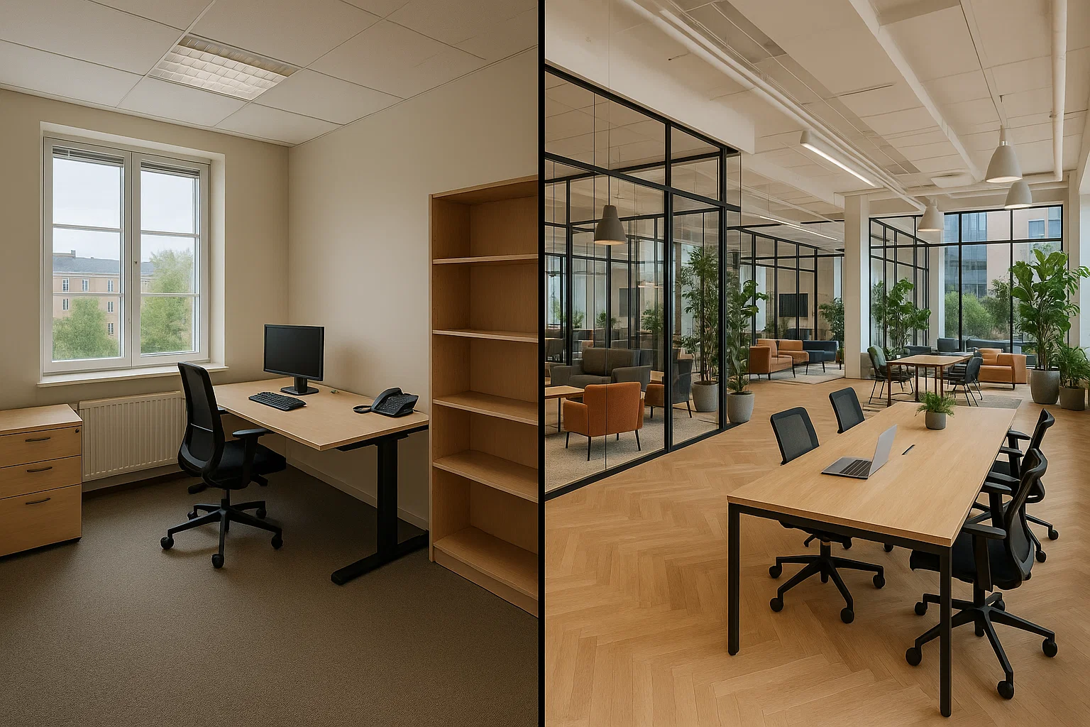 Jämförelse mellan traditionell kontorslokal i Malmö och modernt kontorshotell med flexibla coworkingytor.