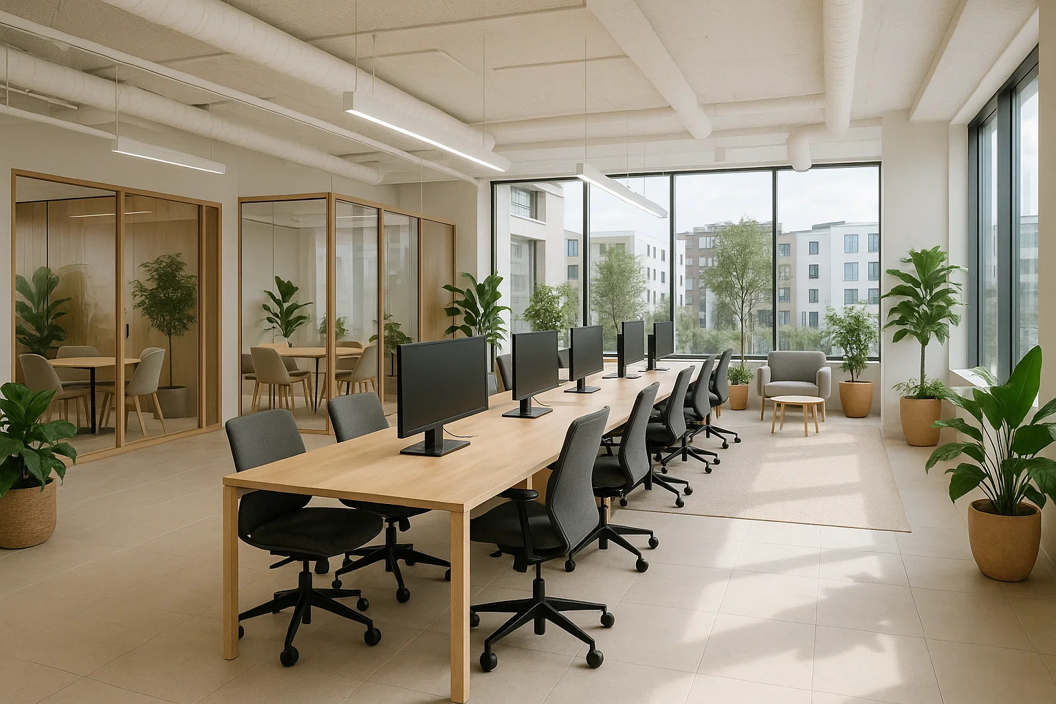 Delad arbetsyta i Malmö med moderna kontorslösningar, ljusa coworking-ytor och hållbar design.